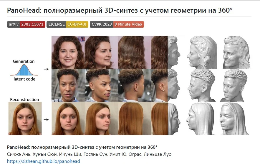 PanoHead: Геометрически осведомленный 3D-синтез полных голов в 360°