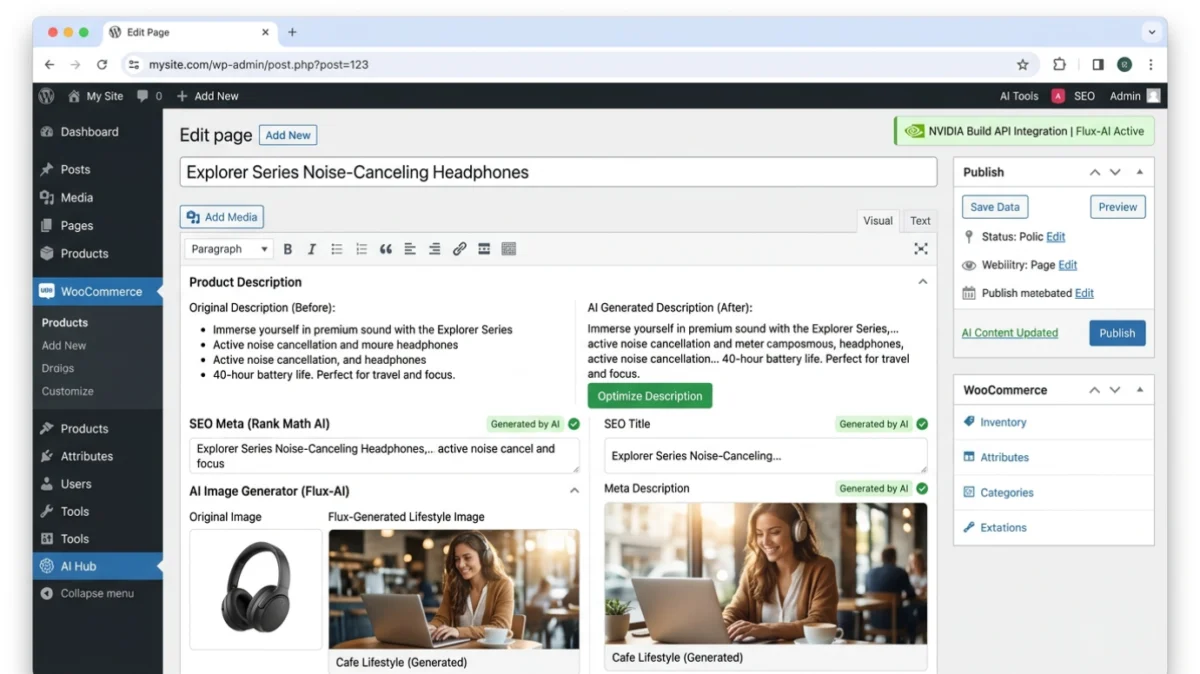 WordPress admin dashboard with AI-powered content